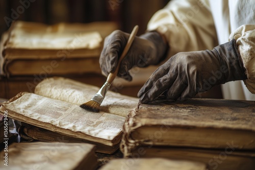 Gloved hands carefully restore ancient book pages with brush in serene setting.