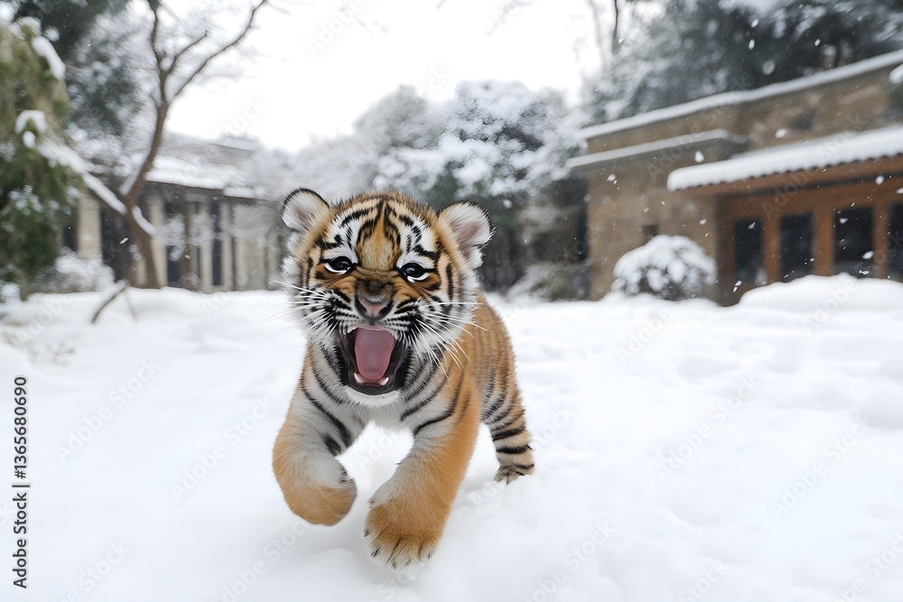 Obraz premium A cute little tiger cub running in the snow