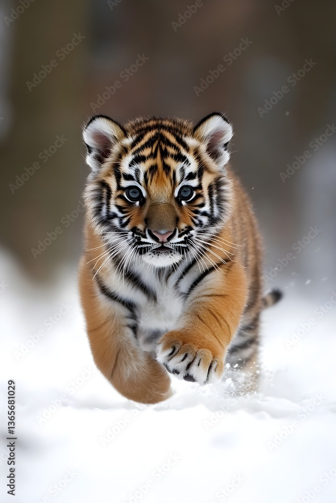 Obraz premium A cute little tiger cub running in the snow