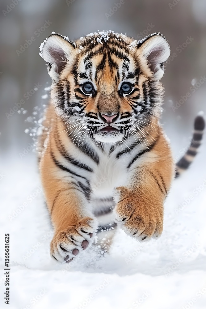 A cute little tiger cub running in the snow A cute little tiger cub running in the snow