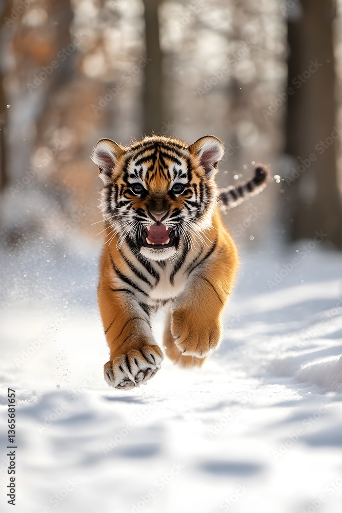 Obraz premium A cute little tiger cub running in the snow