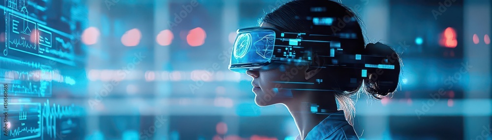 Woman Engaged in Virtual Reality Experience Wearing Innovative Glasses while Focused on Computer Screen in a Modern and Dynamic Workspace Environment Woman Engaged in Virtual Reality Experience Wearing Innovative Glasses while Focused on Computer Screen in a Modern and Dynamic Workspace Environment