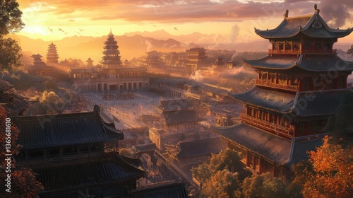 Sunset over ancient Asian city, panoramic view, game background