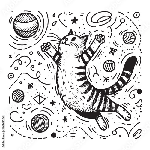 Hand-drawn illustration of a cat floating in space with planets and stars in a whimsical cosmic scene.