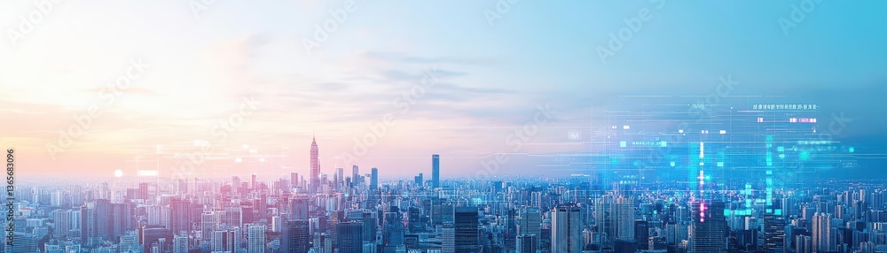 Fototapeta premium Futuristic Cityscape Featuring Innovative Digital Interface and Skyscrapers Illuminated at Night Creating a Vibrant and Dynamic Urban Atmosphere