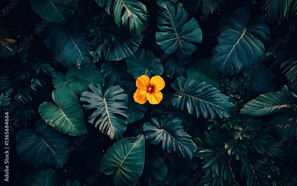 Naklejka premium Vibrant Yellow Flower Amid Lush Tropical Foliage