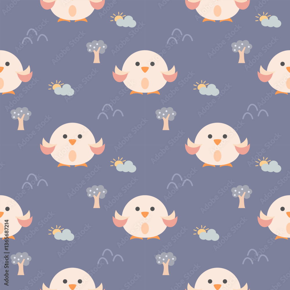 Bird cartoon so cute. On tree sun cloud background. Pattern seamless vector illustration. Bird cartoon so cute. On tree sun cloud background. Pattern seamless vector illustration.