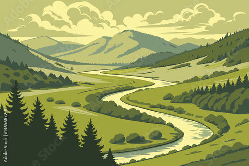 25 Aerial view, meandering river, lush green valley, forested mountains, vibrant landscape, sunny day, fluffy clouds, winding waterway, verdant meadows, scenic countryside, bird's eye perspective, nat