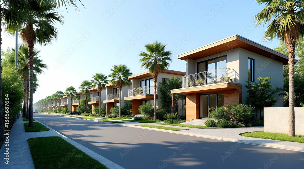 Modern houses on a street with palm trees and greenery in the background. Concept of luxury living and modern design. Modern houses on a street with palm trees and greenery in the background. Concept of luxury living and modern design.