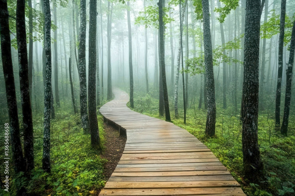 Obraz premium Serene Misty Forest Pathway Surrounded by Lush Greenery and Tall Trees in Foggy Atmosphere