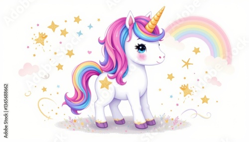 A whimsical and playful illustration of a baby unicorn with pastel colored mane and tail, surrounded by glittering stars and rainbows, set against a clean white background.