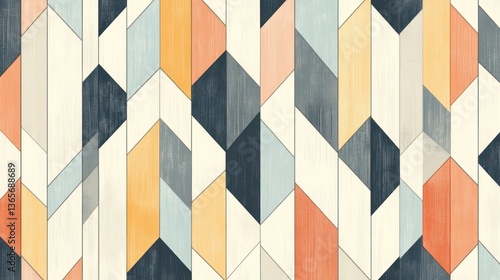 Abstract geometric pattern, a repeating design of multi-colored rhombus and rectangular shapes.