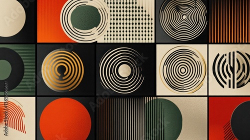 Abstract geometric pattern design, featuring various shapes, colors, and textures.  A grid of colorful squares with repeating circular and linear motifs.