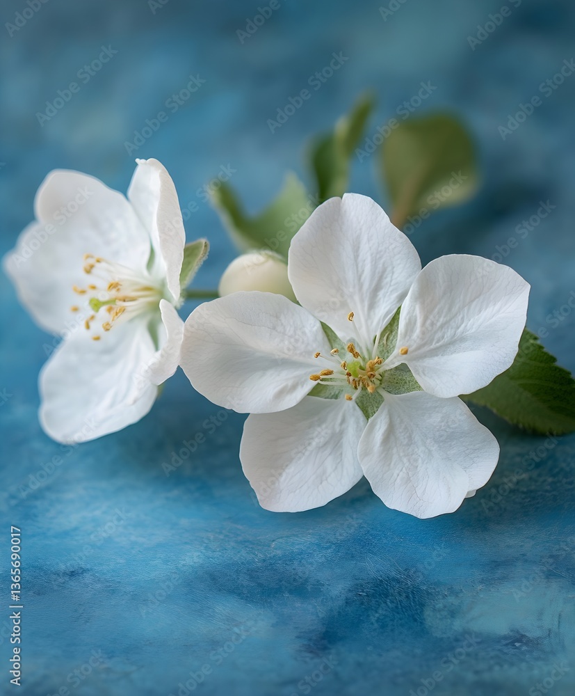 White apple blossom on a blue background White apple blossom on a blue background