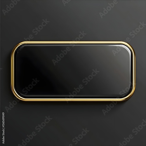 An rectangular button in black color with a golden frame.