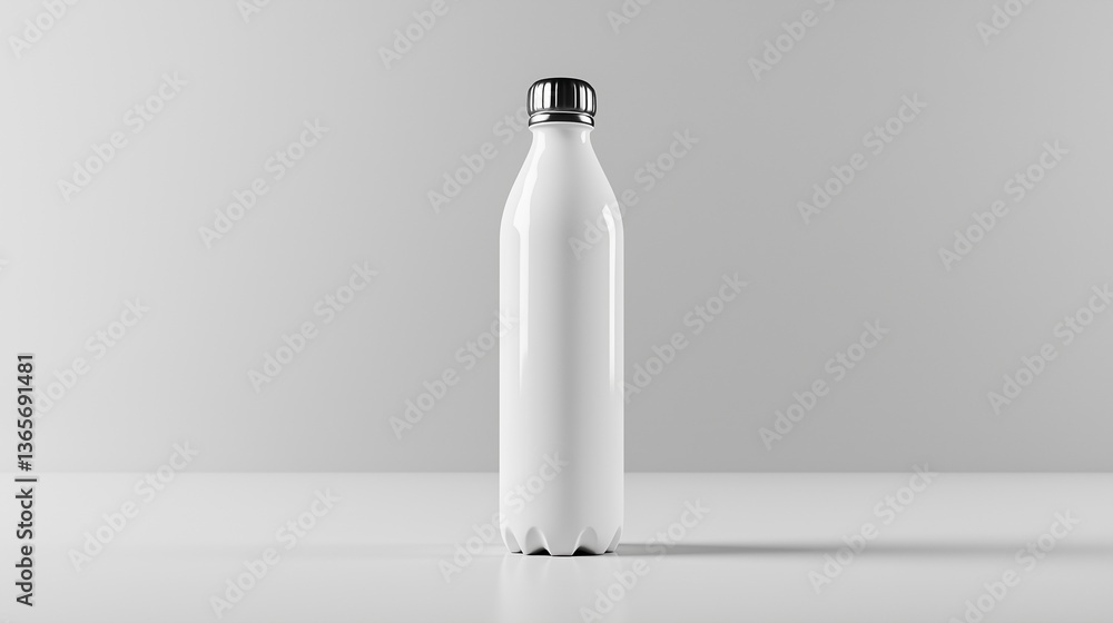 Glossy white reusable water bottle with metal cap on grey background Glossy white reusable water bottle with metal cap on grey background