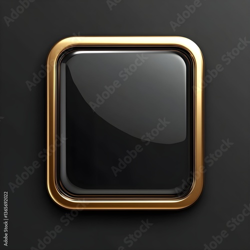 An rectangular button in black color with a golden frame.