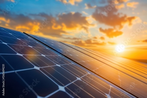 Solar Panels on Roof with Sunset and Colorful Sky in Background During Golden Hour