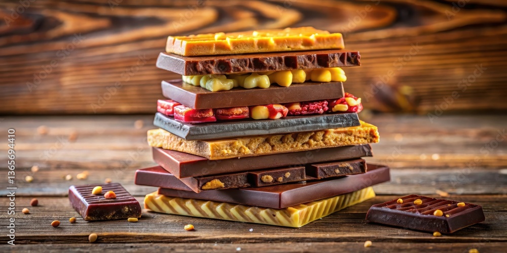 Naklejka premium A stack of colorful chocolate bars with different textures and patterns on a wooden table