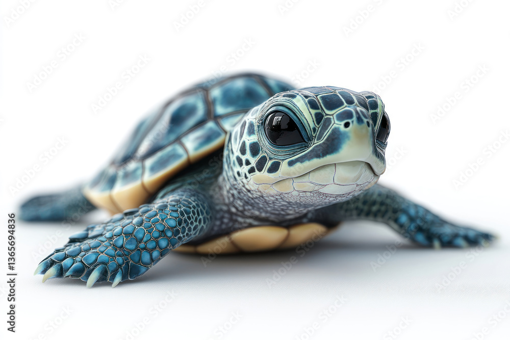 Fototapeta premium A cute sea turtle, presented close-up on a white background.