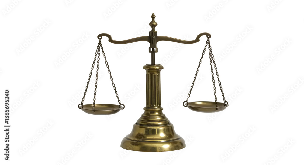 Brass balance scales symbolizing justice and fairness, representing law and order in a courtroom or legal setting, isolated on a white background Brass balance scales symbolizing justice and fairness, representing law and order in a courtroom or legal setting, isolated on a white background