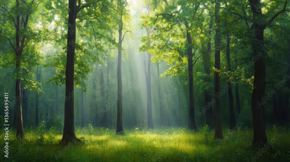 Obraz premium Radiant Sunlight Filtering Through Lush Green Canopy of Forest Trees Creating a Tranquil and Invigorating Natural Atmosphere in Nature's Embrace
