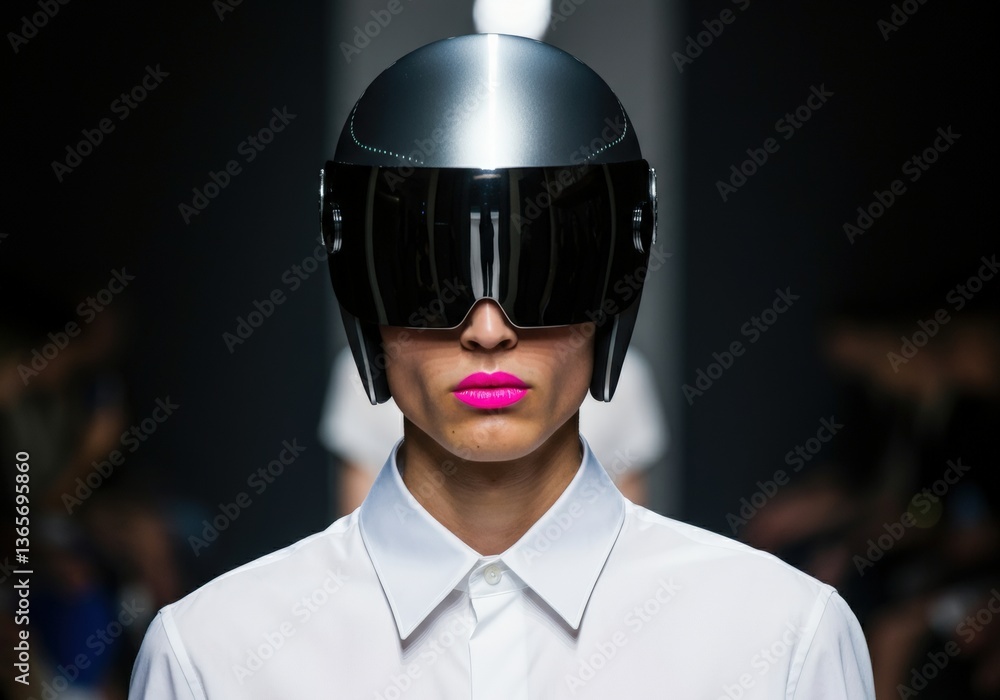 Model wearing futuristic helmet and vibrant pink lipstick on runway Model wearing futuristic helmet and vibrant pink lipstick on runway