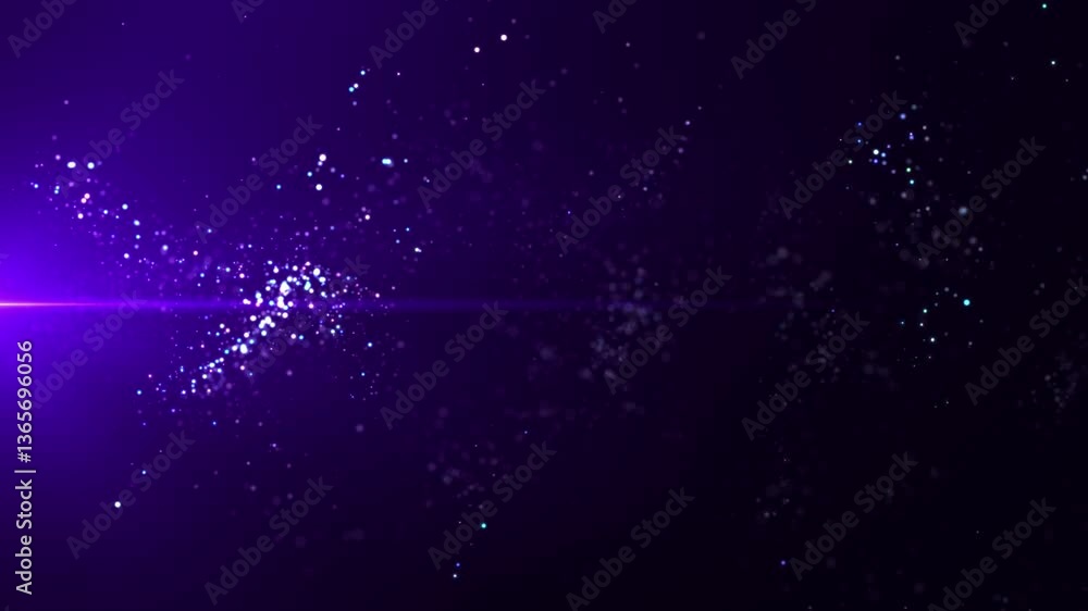 Abstract particle background. Magical fluid animation of glowing particles. Abstract neon purple bright flame with glitter that sparkles and swirls, 3D animation. Seamless looping video 4k