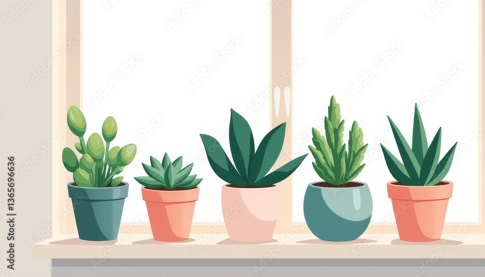 Fototapeta premium Colorful potted succulents on bright windowsill, nature's beauty