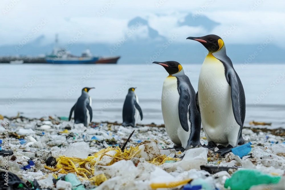 Fototapeta premium King penguins stand on a beach covered in plastic waste, highlighting the impact of pollution on their habitat, a poignant scene of wildlife affected by human actions.