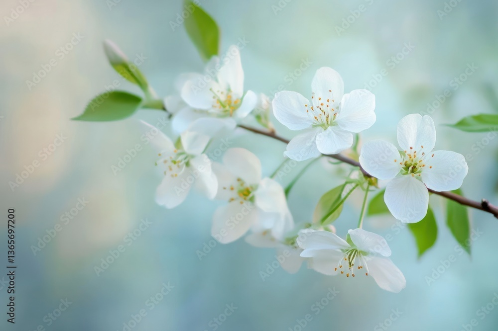Obraz premium Delicate White Blossoms on Branch Against Soft Blue Background in Natural Spring Setting