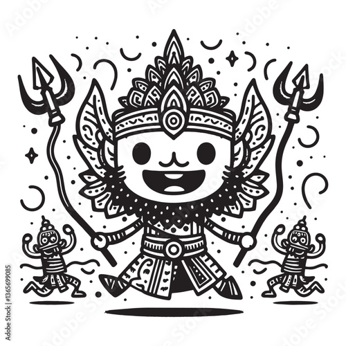 Black and white illustration of a mythological warrior god with tridents, inspired by Balinese or Hindu art.
