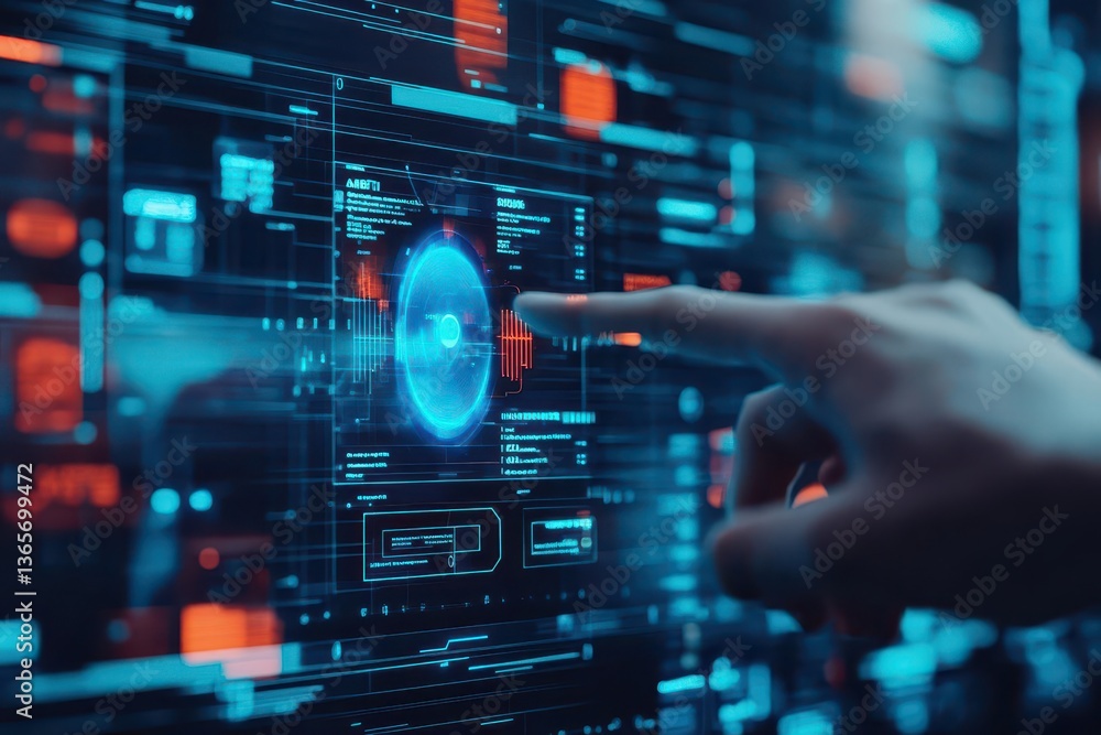 A hand gently interacting with a vibrant digital interface showcasing colorful icons and data visualizations in a modern technology environment A hand gently interacting with a vibrant digital interface showcasing colorful icons and data visualizations in a modern technology environment