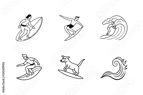Surfing Icons Wave Riders, Dog Surfer, Ocean Fun Illustrations
