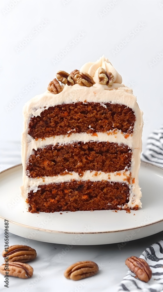 Delicious Three-Layer Carrot Cake Slice with Cream Cheese Frosting and Pecans Delicious Three-Layer Carrot Cake Slice with Cream Cheese Frosting and Pecans