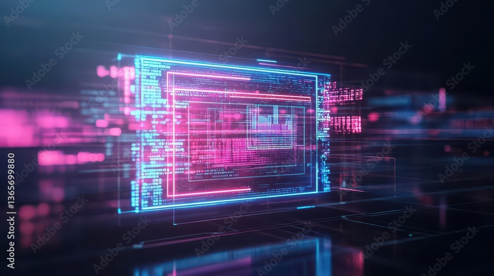 Obraz premium Vibrant Computer Screen Illuminated by a Mesmerizing Pink and Blue Background Creating a Futuristic and Technological Atmosphere in Modern Workspace