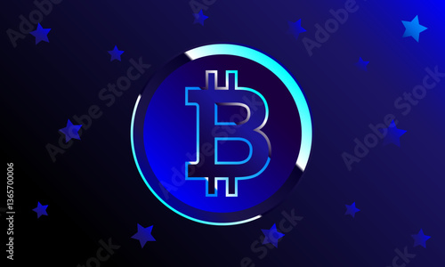 Glowing blue Bitcoin vector symbol on dark blue starry background
