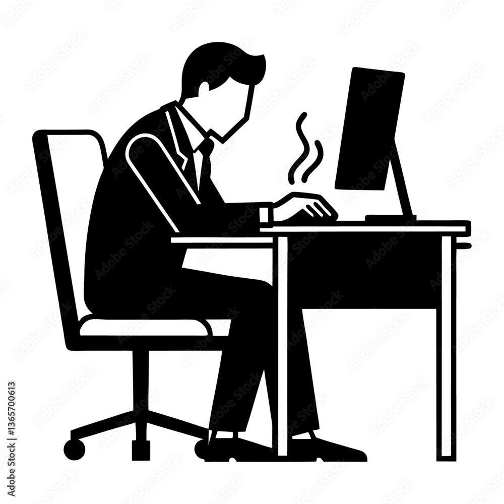 Office worker taking a deep breath at their desk, flat vector silhouette on white background. Office worker taking a deep breath at their desk, flat vector silhouette on white background.