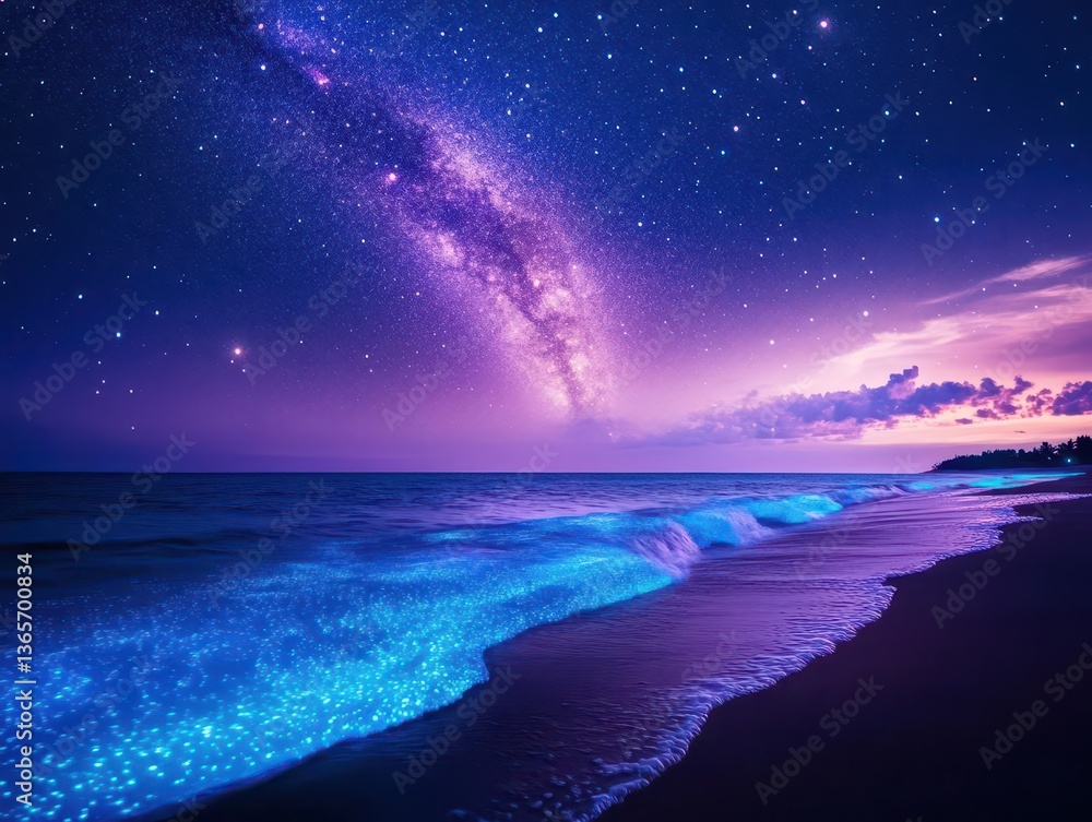 Fototapeta premium Tranquil Beach Scene under a Starry Milky Way Sky with Gentle Waves Lapping at the Shore Creating a Dreamy Nighttime Atmosphere and Serenity