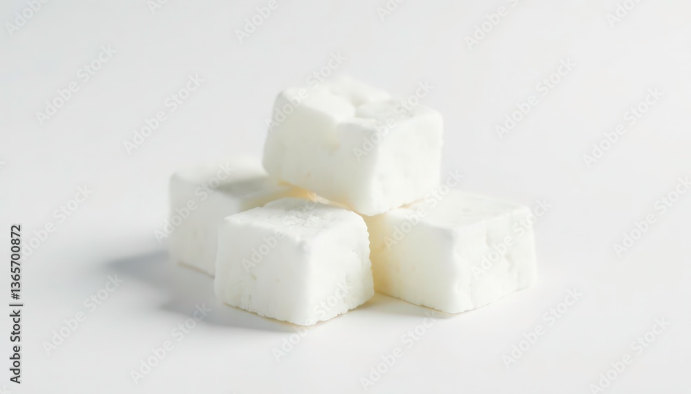 Lumps of refined white sugar against white backdrop, closeup, crystalline Lumps of refined white sugar against white backdrop, closeup, crystalline