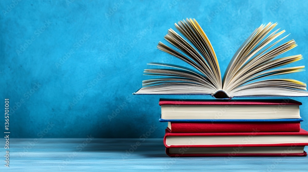 Fototapeta premium Open Book on Top of Colorful Stack of Books Against Vibrant Blue Background