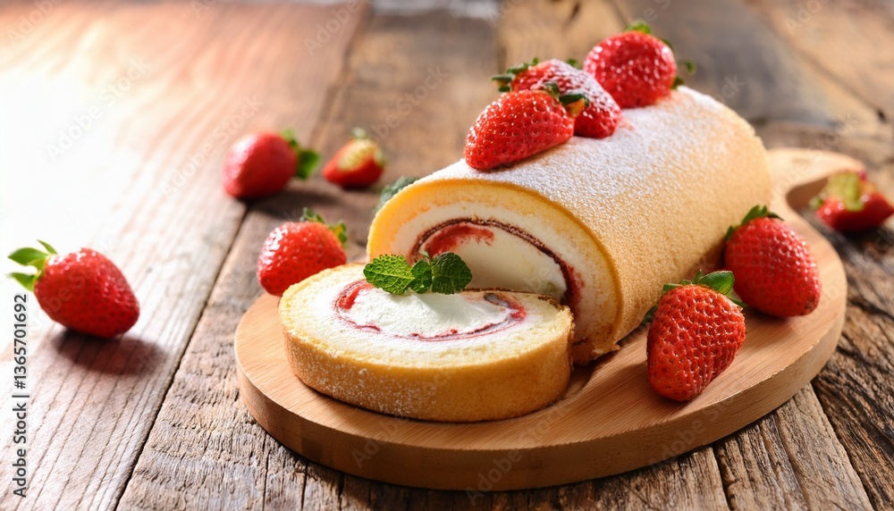 strawberry cream cake roll on wooden board ai image strawberry cream cake roll on wooden board ai image