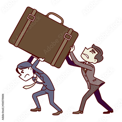 two businessmen in suits struggling to carry oversized. 2d cartoon, white background.