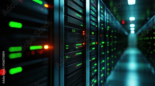 A close-up view of illuminated server racks in a data center showcasing technology in action