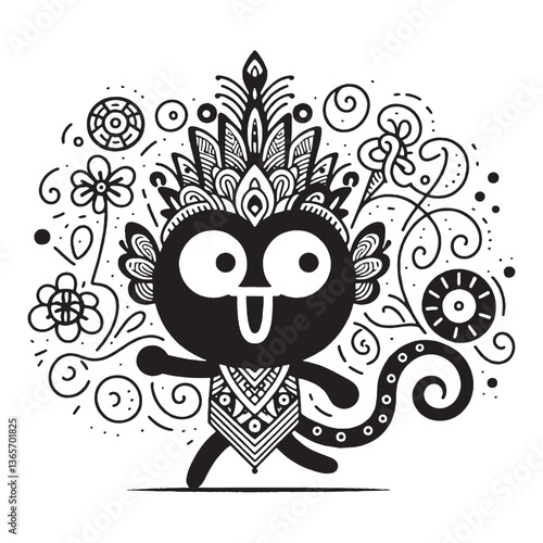 A delightful black-and-white artwork featuring a cartoon character with elaborate decorations and vibrant details, conveying playfulness, creativity, and charm with a touch of artistic whimsy.