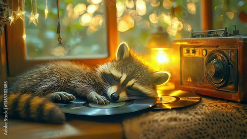Wallpaper Mural Cute raccoon sleeping on vinyl record beside vintage radio at golden hour. Seamless looping 4K video background
 Torontodigital.ca