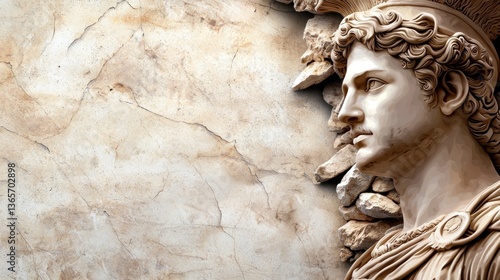 Billede på lærred Classical sculpture of a male figure against a textured stone wall with natural