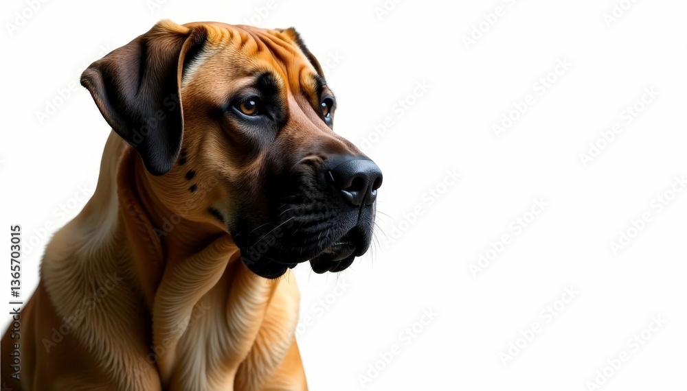 Fototapeta premium Noble mastiff head shot, intense gaze, pure white backdrop, dog breed, head, muzzle