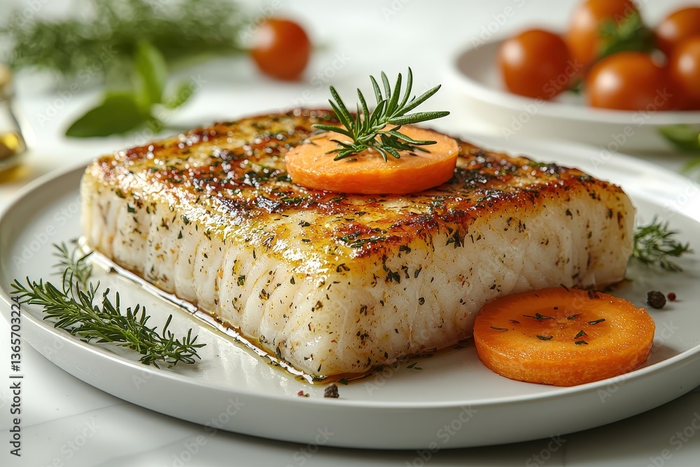 Grilled herb-crusted fish with roasted vegetables and fresh rosemary garnish Grilled herb-crusted fish with roasted vegetables and fresh rosemary garnish