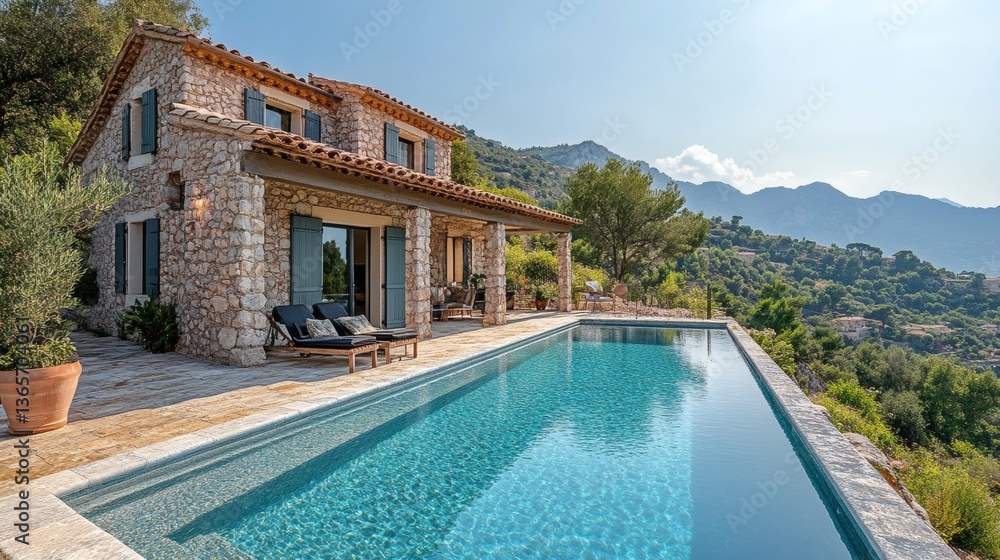 Luxurious Villa with Pool. The villa has a rustic stone facade, a red tiled roof, and a clear pool. Surrounded by lush vegetation and a breathtaking mountainous backdrop. Luxurious Villa with Pool. The villa has a rustic stone facade, a red tiled roof, and a clear pool. Surrounded by lush vegetation and a breathtaking mountainous backdrop.